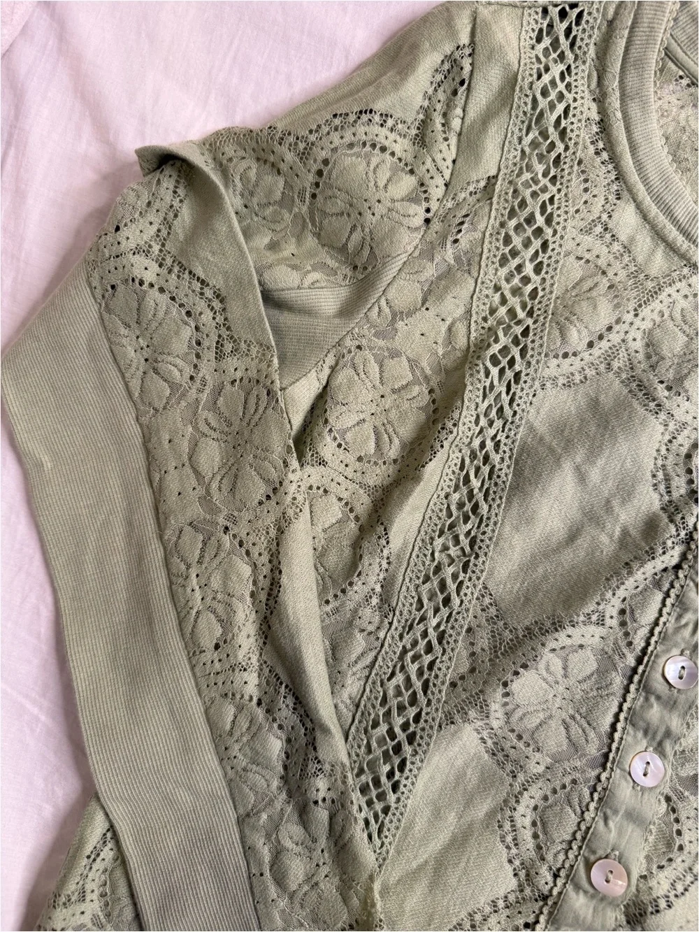Light Green Lace-Panel Button Front Women’s Top